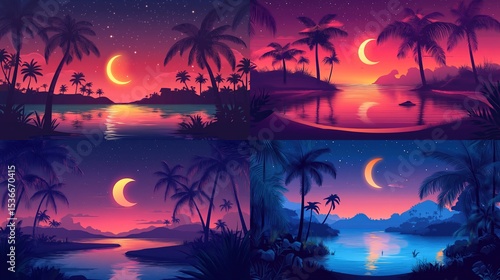 Four tropical scenes, sunset and moonlit nights