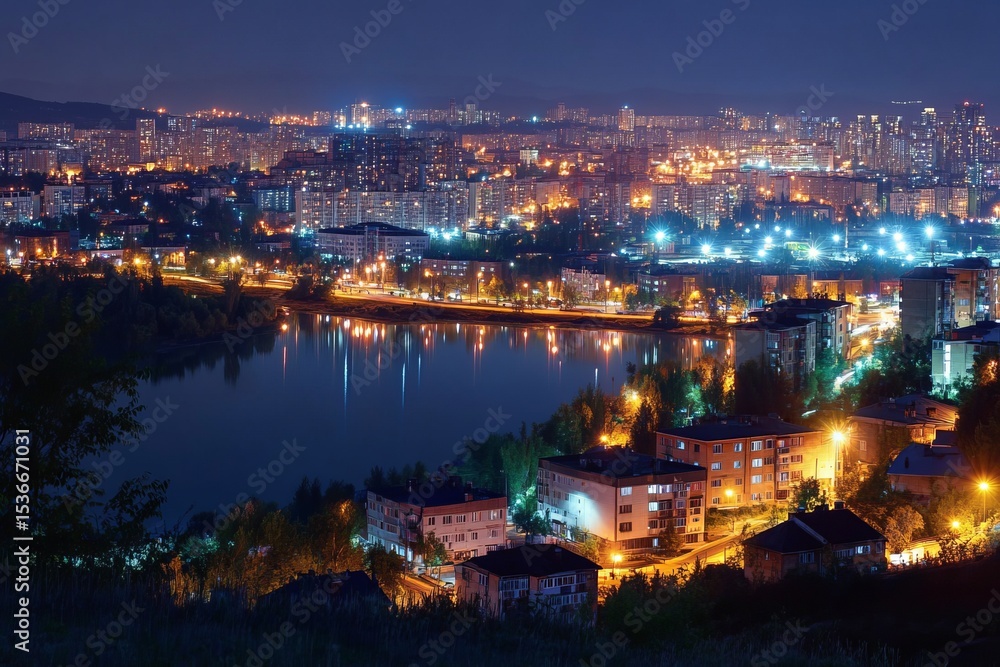 Fototapeta premium Futuristic cyberpunk cityscape at night with neon lights reflecting on river