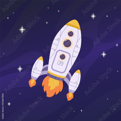 Cartoon spaceship in cosmos. Space travel by rocket. Starship for space adventures