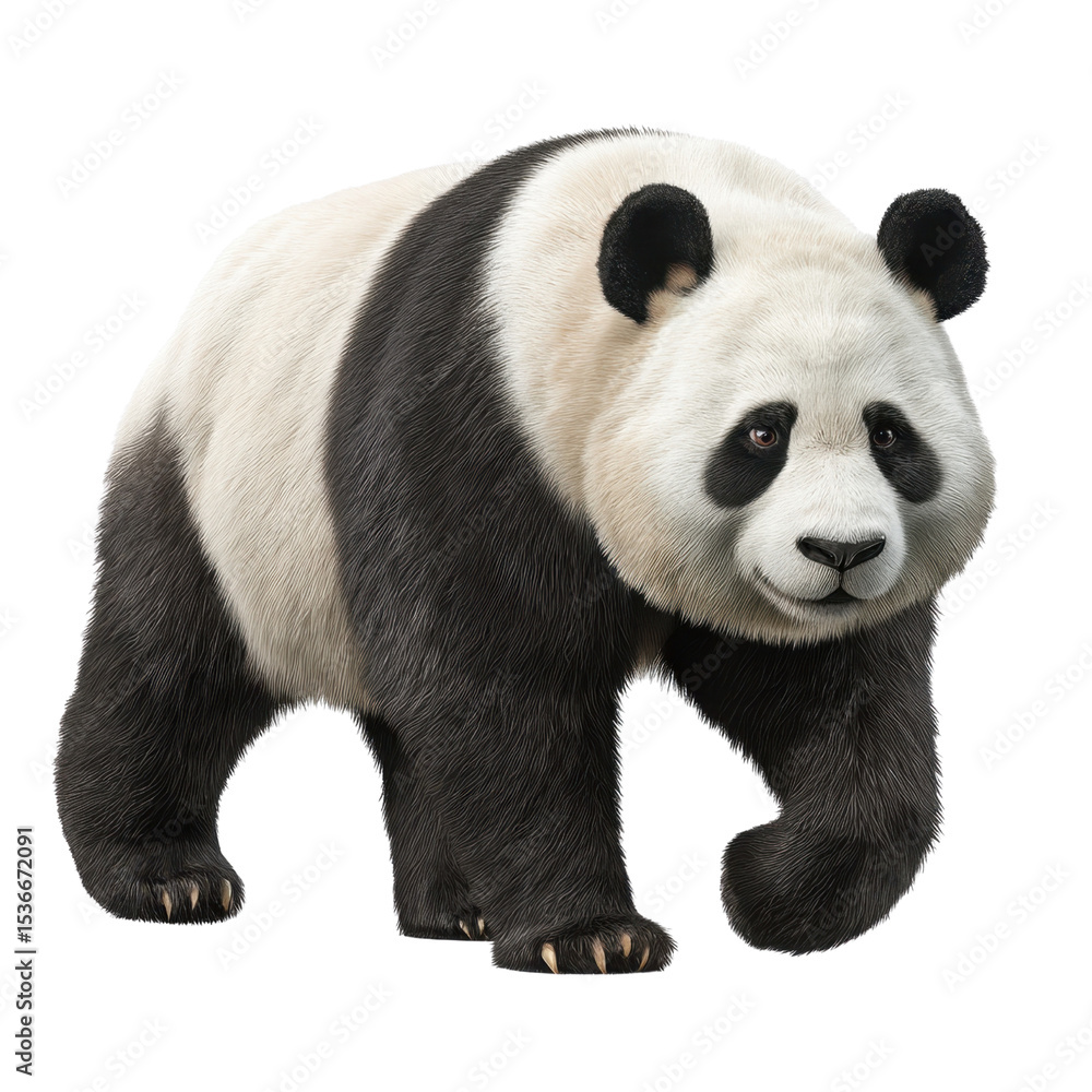 Obraz premium Adorable Giant Panda Walking Gracefully in Natural Habitat Surrounded by Lush Greenery and Bamboo Forest Transparent background or png