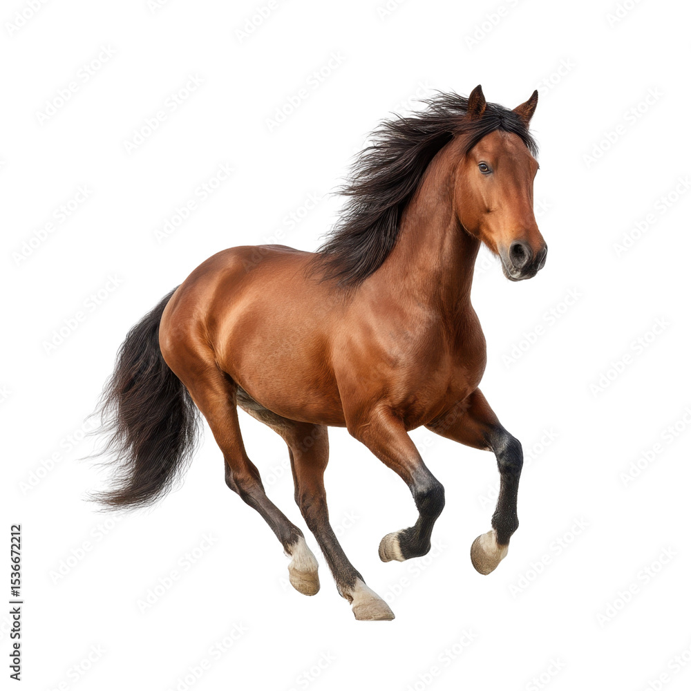 Obraz premium Majestic chestnut horse galloping gracefully on a white background showcasing beauty and strength of equine spirit Transparent background or png