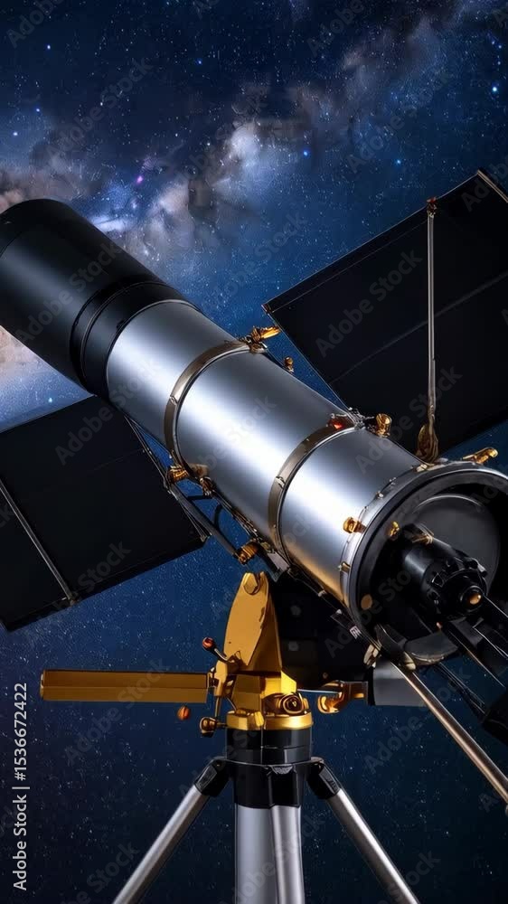 Telescope on tripod pointed toward a starry cosmic sky in the background for astronomy and scientific observation. Telescope on tripod pointed toward a starry cosmic sky in the background for astronomy and scientific observation.