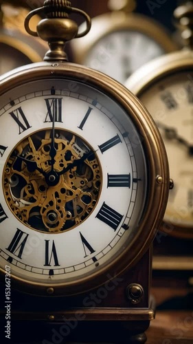 Close-up on elegant, antique clocks with visible gears and Roman numerals indicating time passing, set against a warm background