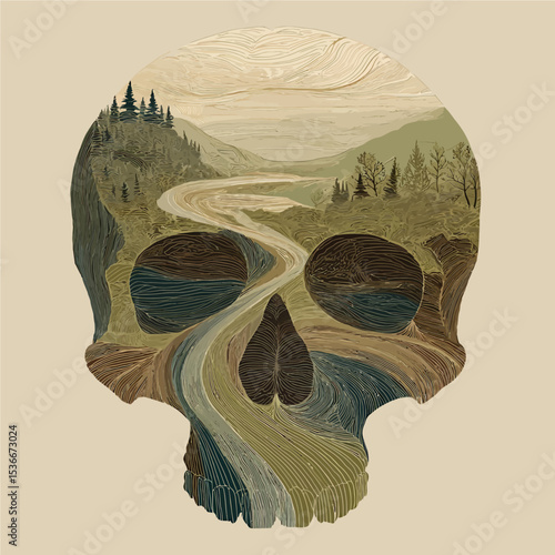 Artistic skull with nature landscape double exposure featuring mountains, trees and winding path - perfect for environmental, spiritual and conceptual designs