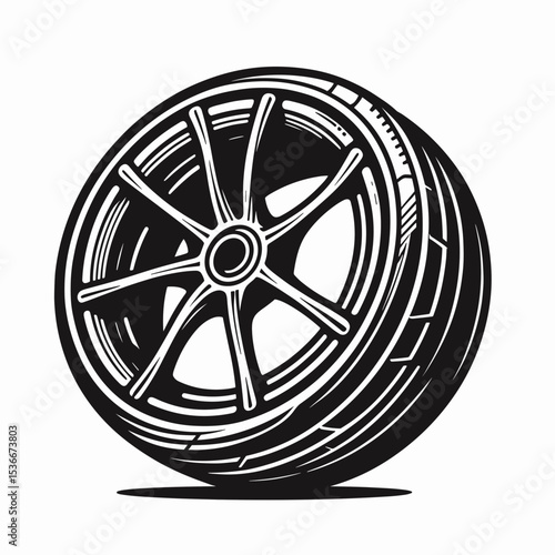 Car wheel with sport rim in black and white illustration