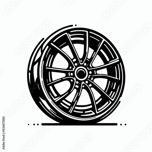 Car wheel with sport rim in black and white illustration