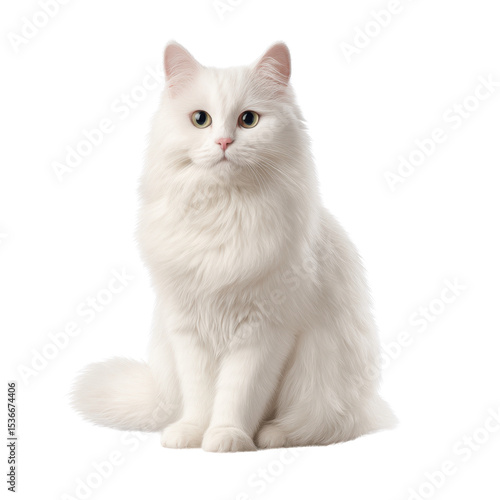 Elegant white cat with fluffy coat sitting gracefully on a light background showcasing its striking green eyes Transparent background or png