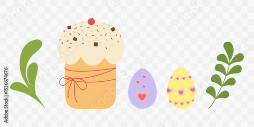 Easter Cake Sprinkles decoration Hearts decorated Colorful Eggs and leaves Greeting elements Bundle