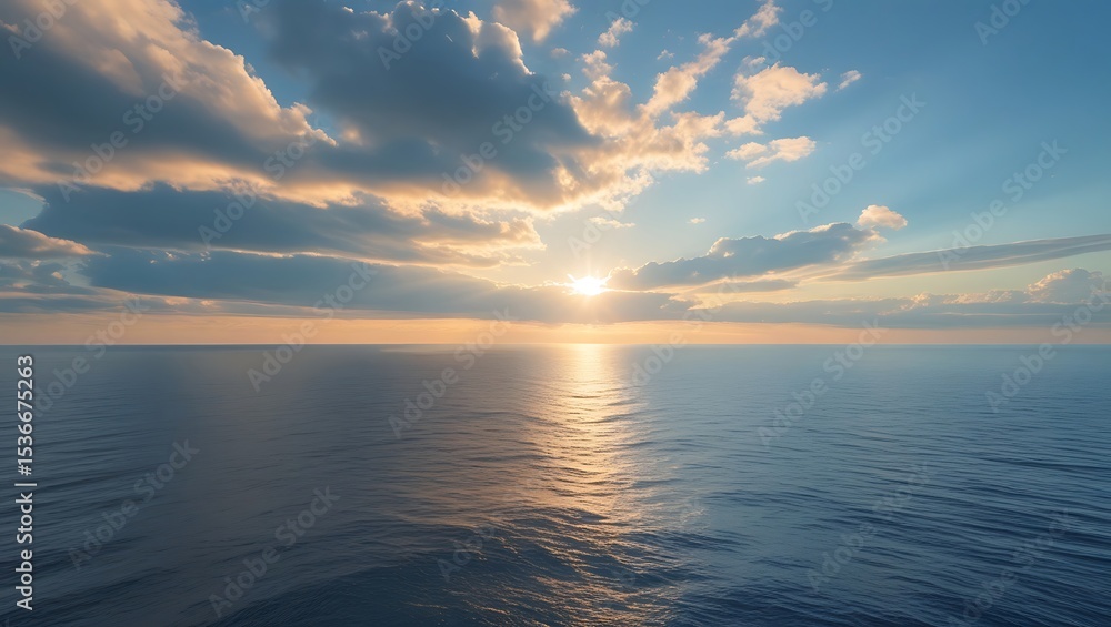 Fototapeta premium Sunlit Clouds Over Ocean With Ultra Smooth Horizon