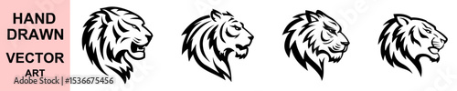 Set of hand drawn tiger vector heads in tribal black ink style, fierce wild animal illustration ideal for tattoos, logo design, prints, emblems.
