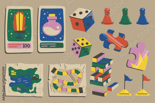 Colorful Hand Drawn Board Game Elements Set