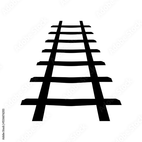 Black silhouette of train tracks leading into the distance on white background