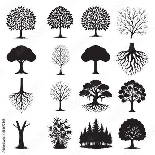 Different Tree Shapes Silhouette Collection in Minimalist Design
