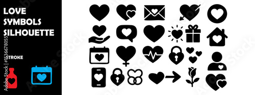 Love Symbols Silhouette Vector Set – Romantic Gestures, Couples and Heart Icons in Passionate Theme