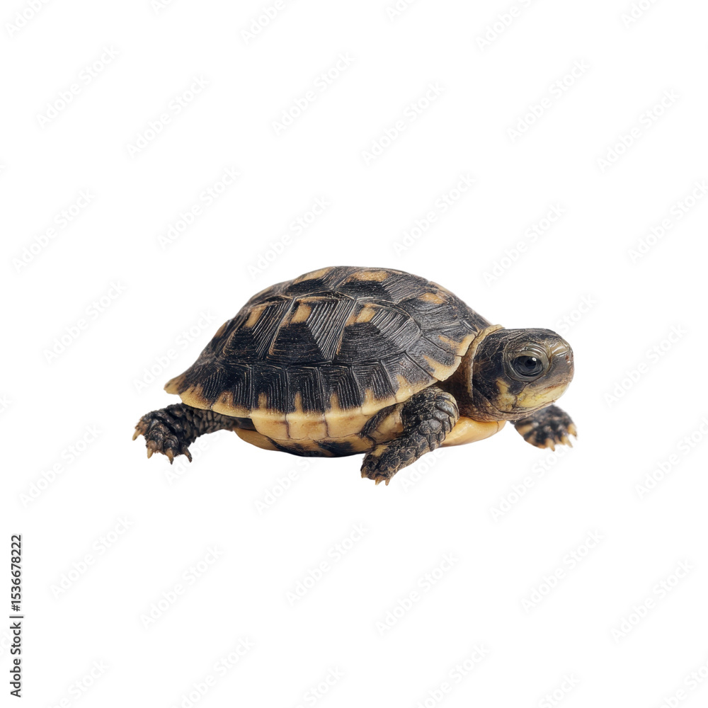 Obraz premium Close-up View of an Adorable Baby Tortoise Crawling on White Background Transparent background or png