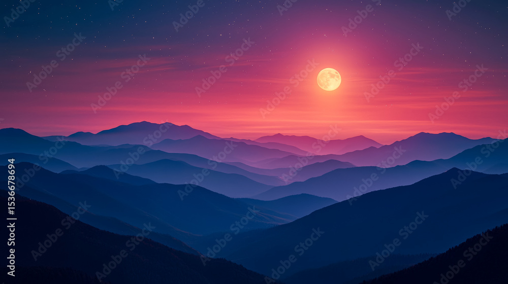 Fototapeta premium Scenic mountain landscape at twilight with a full moon and starry sky