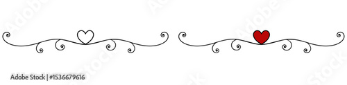 Decorative swirl border with outline hearts in red and black, isolated vector separator for text, for postcards and typography, transparent background, two variants - outline and two colors
  