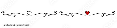 Decorative scroll border with hearts, isolated vector separator for text, for postcards and typography, transparent background, two variants - outline and two colors
