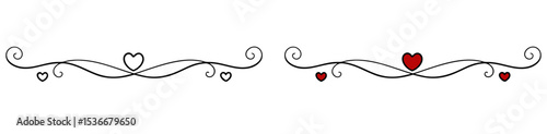 Decorative heart scroll elements in elegant monochrome design, isolated vector separator for text, for postcards and typography, transparent background, two variants - outline and two colors
  