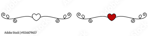 Decorative heart border, isolated vector separator for text, for postcards and typography, transparent background, two variants - outline and two colors
  