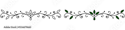 Decorative leafy border, isolated vector separator for text, for postcards and typography, transparent background, two variants - outline and two colors
