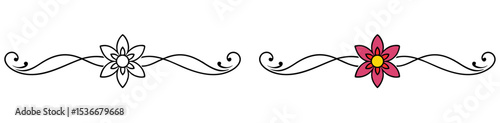 Decorative floral borders with outlines and colored elements, isolated vector separator for text, for postcards and typography, transparent background, two variants - outline and two colors
  