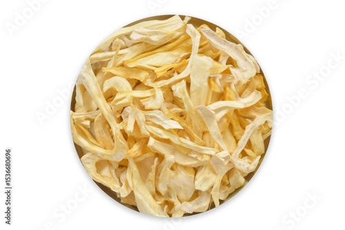 Organic Dried Jackfruit Slices on White Background. High-resolution image of organic dried jackfruit slices in a bowl, with scattered pieces on a clean white background.
