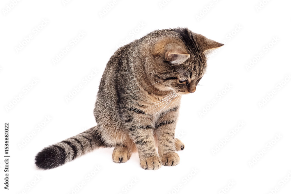 Fototapeta premium Brown tabby cat sitting upright with tail curled, head tilted down, appearing focused or curious, isolated on a clean white studio background