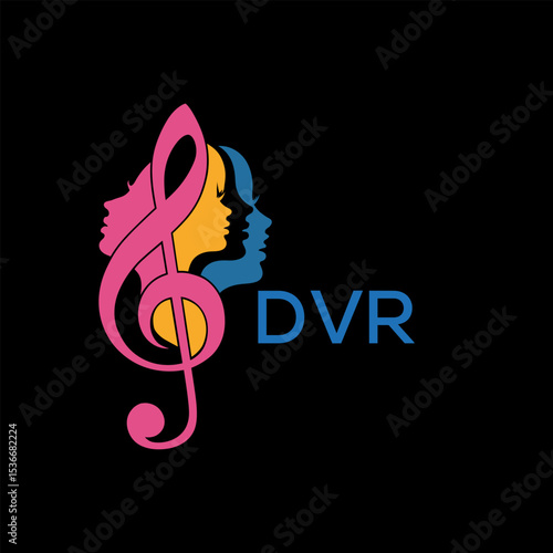 DVR Creative Feminine Music Logo, with Treble Clef and Colorful Female Silhouettes,  DVR Later Logo – Beauty and Art Concept.

