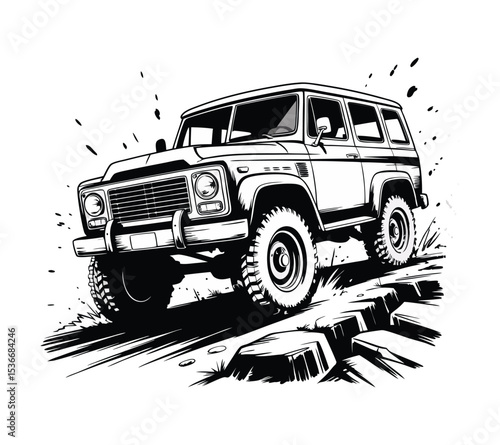 Vintage Off-Road SUV Vector, Classic 4x4 Truck Illustration for T-shirt or Adventure Logo On White Bg