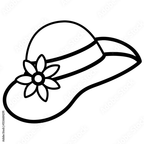 Silhouette of Elegant Sunhat with Flower Detail – Feminine Fashion Accessory, Summer Style, Minimalist Design, Headwear Isolated, Chic Apparel, Stylish Hat Illustration, Botanical Accent
