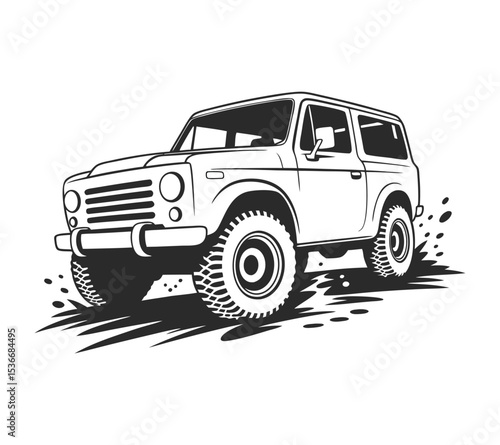 Vintage Off-Road SUV Vector, Classic 4x4 Truck Illustration for T-shirt or Adventure Logo On White Bg