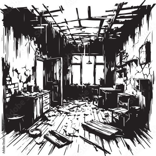 Abandoned Room Interior Damage Silhouette Illustrative Scene