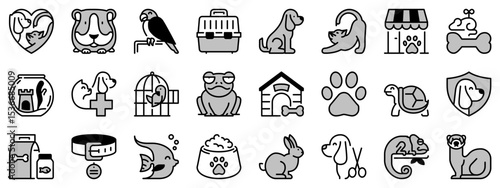 Icons in two tones about pets and vet