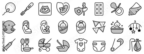 Icons in two tones about pregnancy and baby.