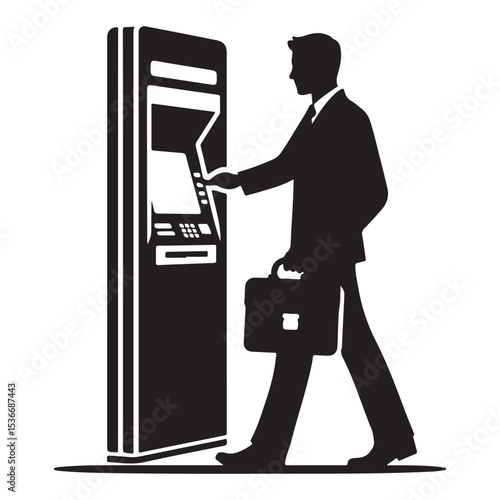 Silhouette of businessman using ATM machine vector illustration and financial service