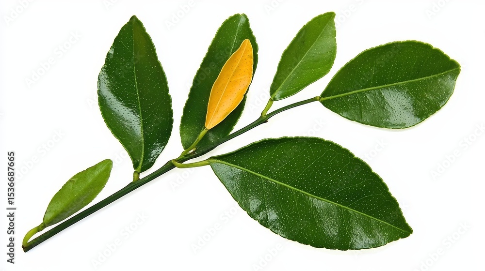 Naklejka premium Kaffir Lime Sprig Close-up Photography of Green and Yellow Leaves, Isolated on White, Botanical Illustration, Plant Composition, Citrus hystrix Kaffir lime, botany