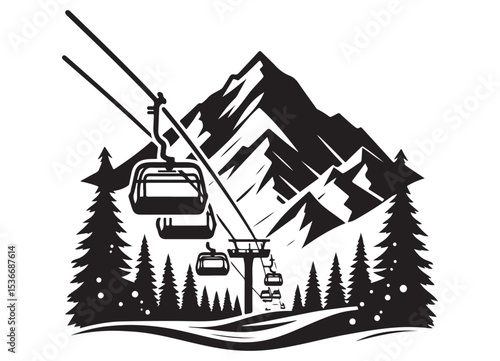 Silhouette of ski lift with mountain vector design and winter sports