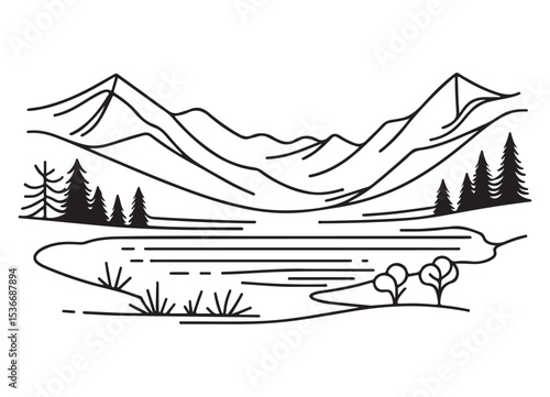 Vector line art illustration of mountain range lake forest scene