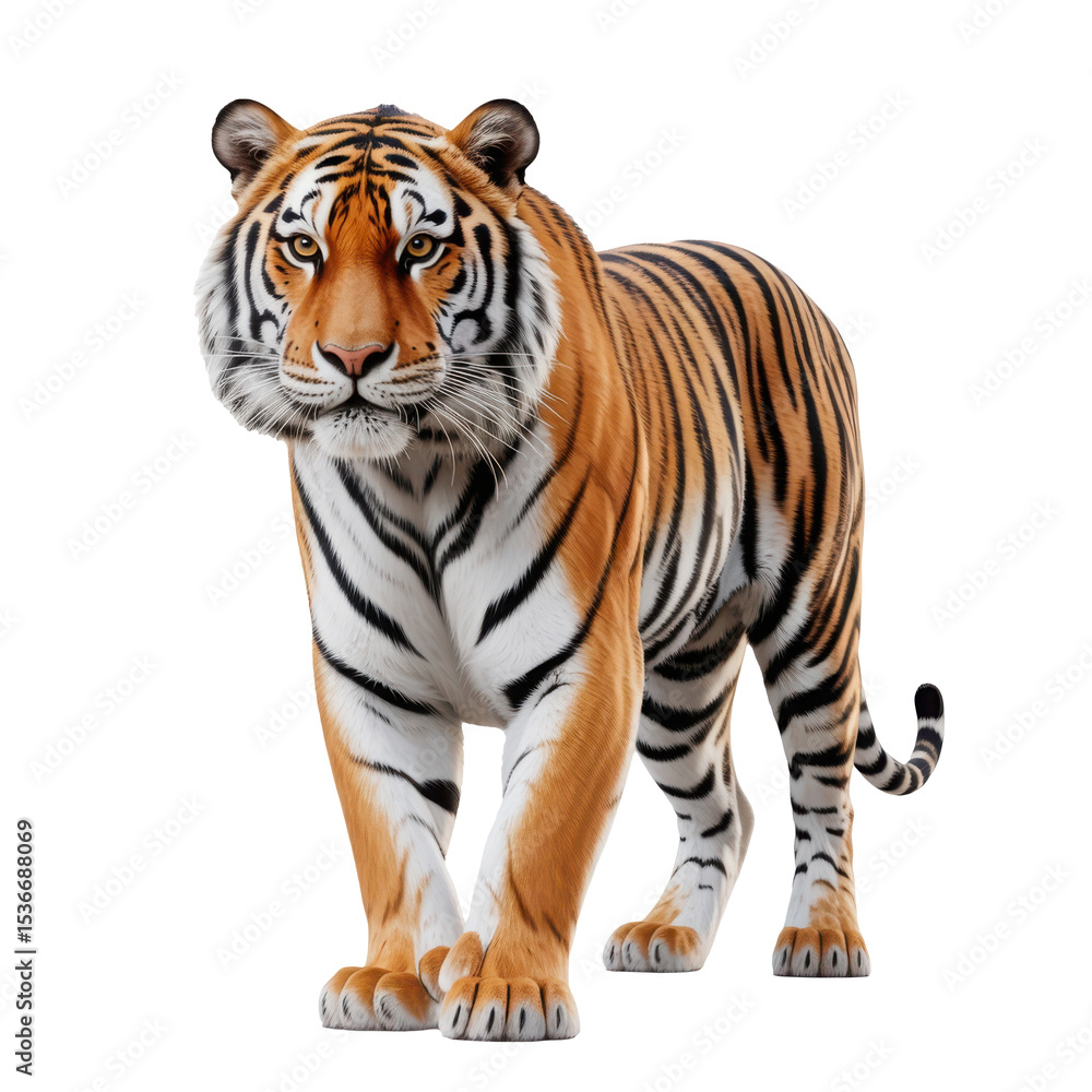 Naklejka premium Highly detailed Bengal tiger standing with intense gaze, realistic fur texture, and natural posture isolated transparent background