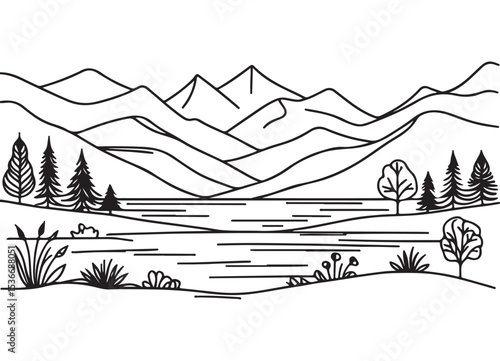 Minimalist Landscape Mountain Lake Illustration Serene Nature and Scenery