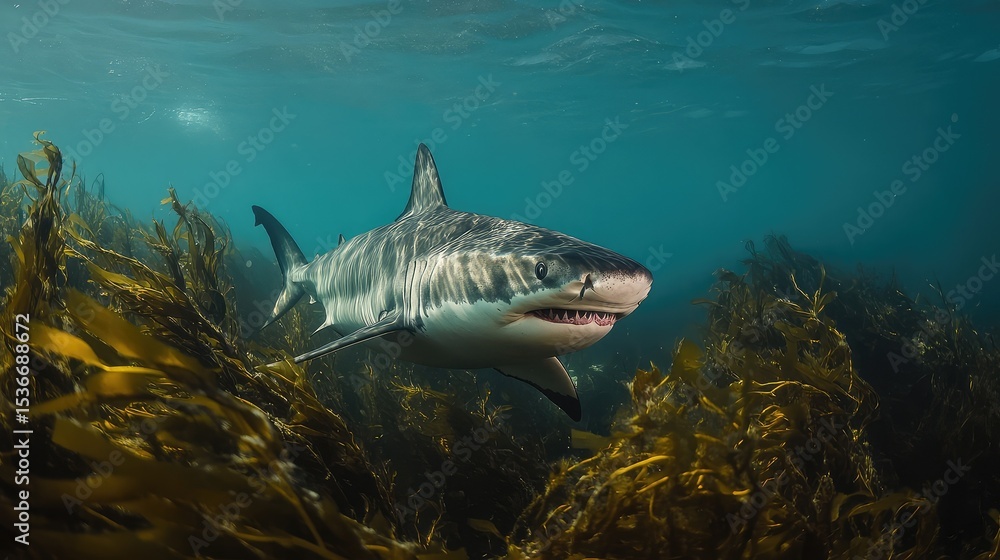 Fototapeta premium Blue ocean environment with predator shark moving through seaweed chasing prey