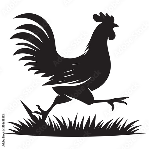 Silhouette of running rooster with grass fowl farm illustration
