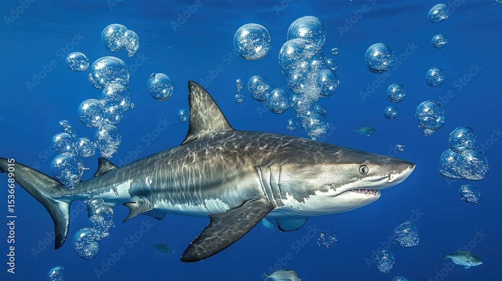 Obraz premium Bubbles trail from fast-moving shark in pursuit of shimmering prey fish