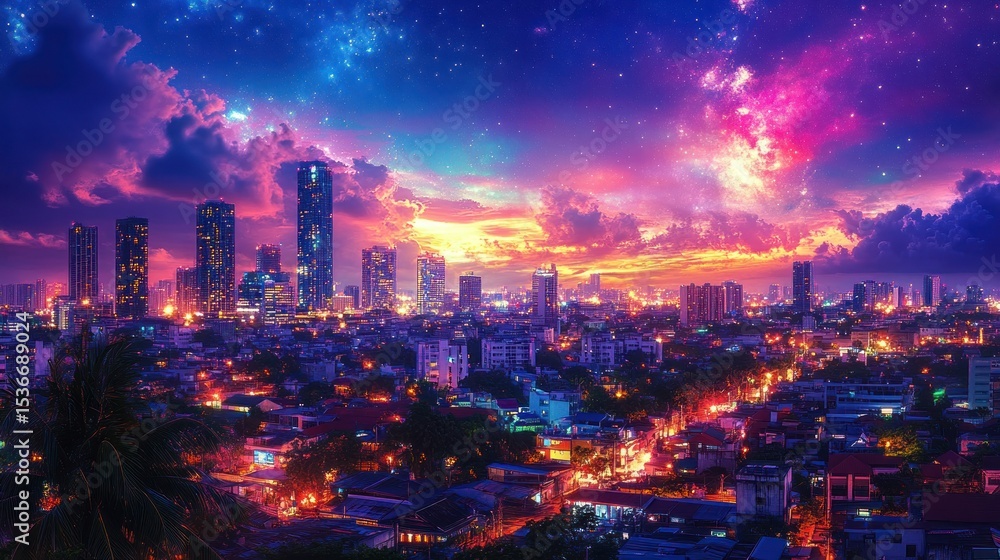Fototapeta premium Vibrant city skyline at twilight, night cityscape, vivid colors