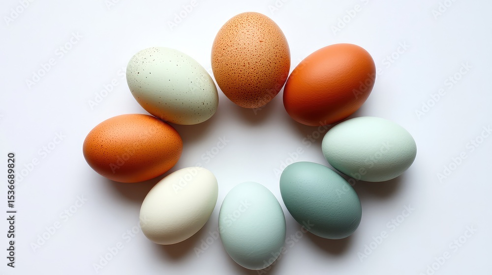 Cracked eggs arranged symmetrically with bold colors on plain white surface Cracked eggs arranged symmetrically with bold colors on plain white surface