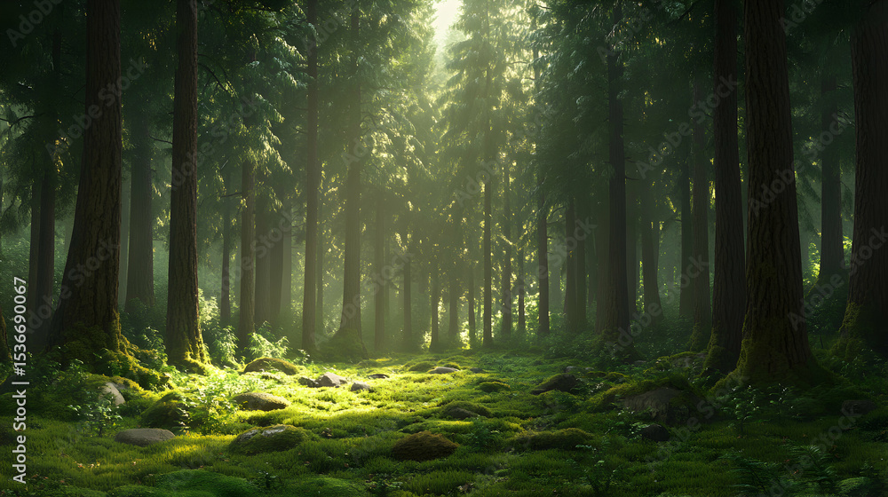 Fototapeta premium Sunlit Forest Path Magical Green Mossy Ground Tall Trees Sunlight Beams
