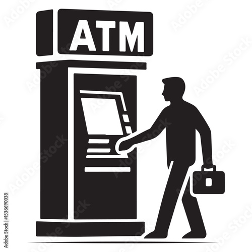 Man Using ATM Silhouette Transaction for Financial Services Design
