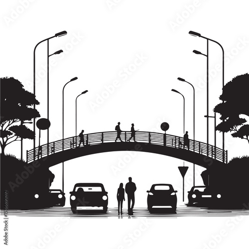 City Park Bridge Silhouette with People and Cars Vector Scene