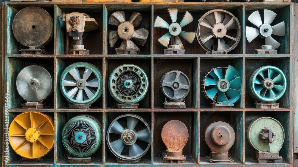 Fototapeta premium Factory storage shelves stacked with industrial fan and ship propeller units
